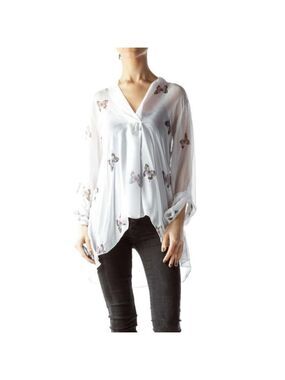 Lola Made in Italy White Butterfly Print Sheer Blouse Size Medium